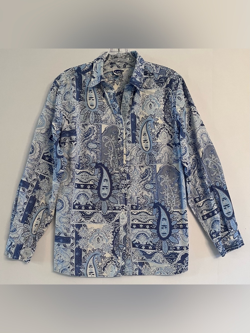 TABI Blue Paisley Patchwork Button Down Shirt L Coastal Grandma Cottagecore Boho